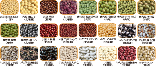 大豆 里のほほえみ(山形)、大豆 鶴の子(北海道)、大豆 茶豆(新潟)、紅大豆(北海道)、青大豆 あおばた豆(山形)、青大豆 秘伝豆(山形)、青大豆 サトウイラズ(山形)、青大豆 香り豆(山形)、青大豆 黒神(青森)、黒大豆 黒千石(北海道)、小豆 大納言(北海道)、小豆 エリモショウズ(北海道)、小豆 きたのおとめ(北海道)、小豆 しろあずき(北海道)、いんげん豆 パンダ豆(北海道)、いんげん豆 とら豆(北海道)、いんげん豆 うずら豆(北海道)、いんげん豆 高原花豆(長野)、紫花豆(北海道)、いんげん豆大手亡(北海道)、白花豆(北海道)、大福豆(北海道)、いんげん豆福勝金時(北海道)、ミヤギシロメ(宮城)