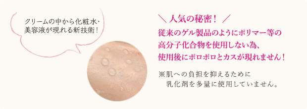人気の秘密!従来のゲル製品のようにポリマー等の高分子化合物を使用しない為、使用後にボロボロとカスが現れません!※肌への負担を抑えるために乳化剤を大量に使用していません。
