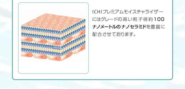 ICHIプレミアムモイスチャライザーにはグレードの高い粒子径約100ナノメートルのナノセラミドを豊富に配合させております。